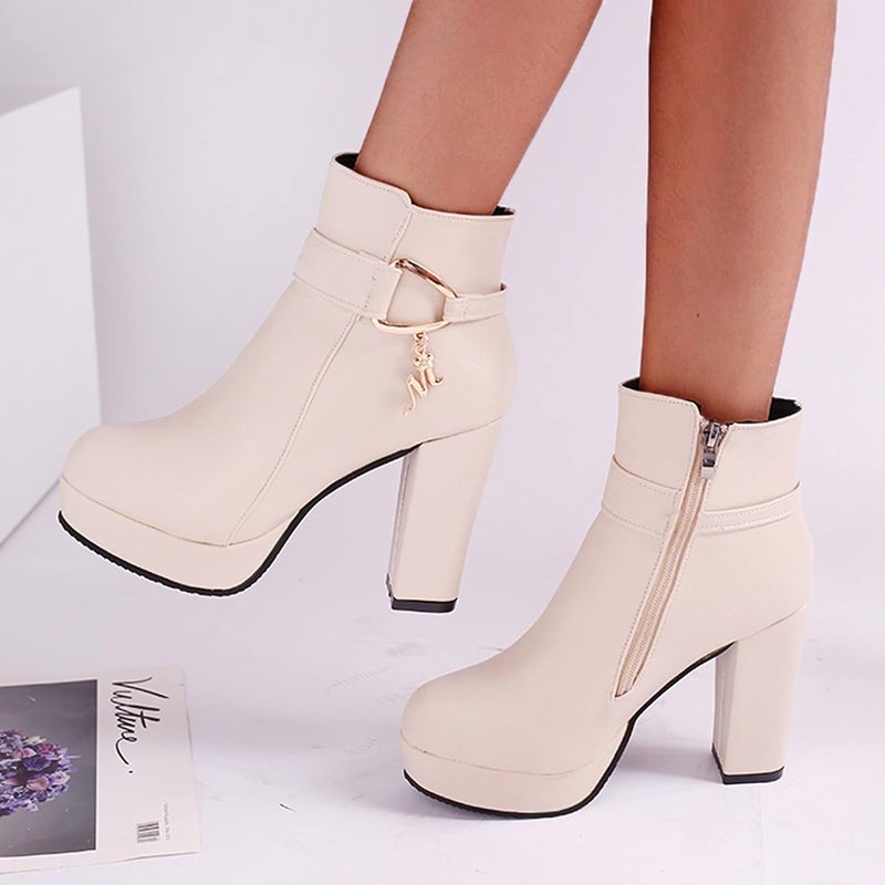 woobles Winter Boot for Women,Women Round Toe Platform Booties Ladies Cute Chunky High Heel Snow Ankle Boot Wedge Zipper Slip On Boot Causal Walking Dress Shoe, White - Image 2